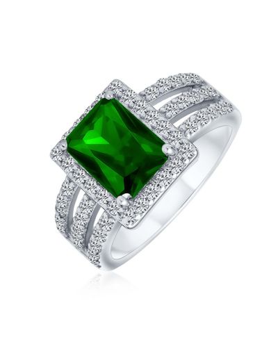 Bling Jewelry Art Deco Style 3CT CZ Emerald Cut Halo Engagement Ring Wide Band .925 Sterling Silver
