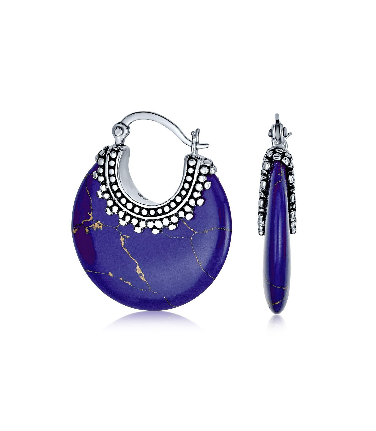 Bling Jewelry серьги-кольца Milgrain Sterling Silver с Lapis Turquoise Onyx Round Half Crescent