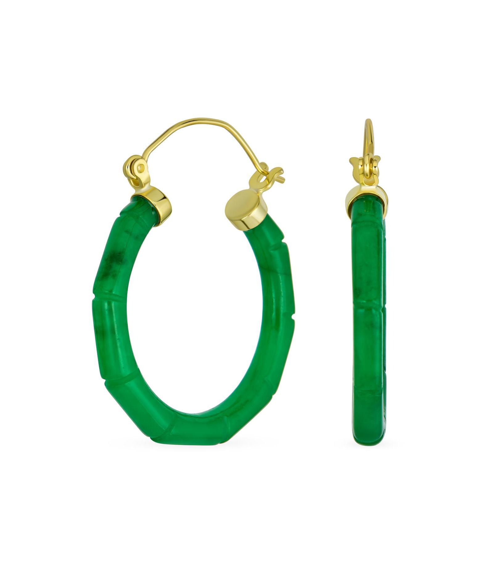 Серьги-кольца Bling Jewelry Jade Gold Plated Sterling Silver 1.2 Inch Diameter