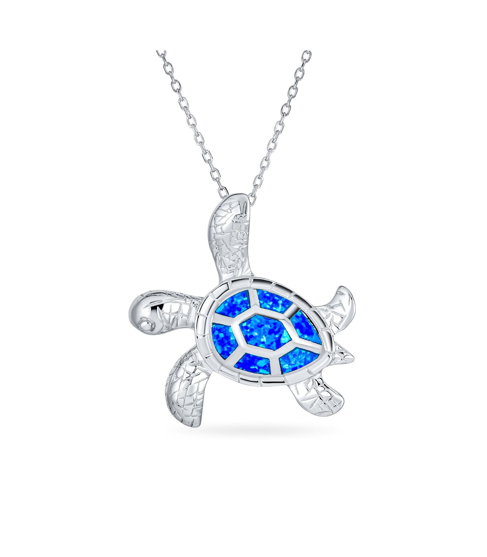 Bling Jewelry Nautical  Created Opal Inlay Turtle Pendant Necklace .925 Sterling Silver