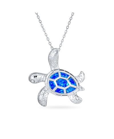 Bling Jewelry Nautical  Created Opal Inlay Turtle Pendant Necklace .925 Sterling Silver