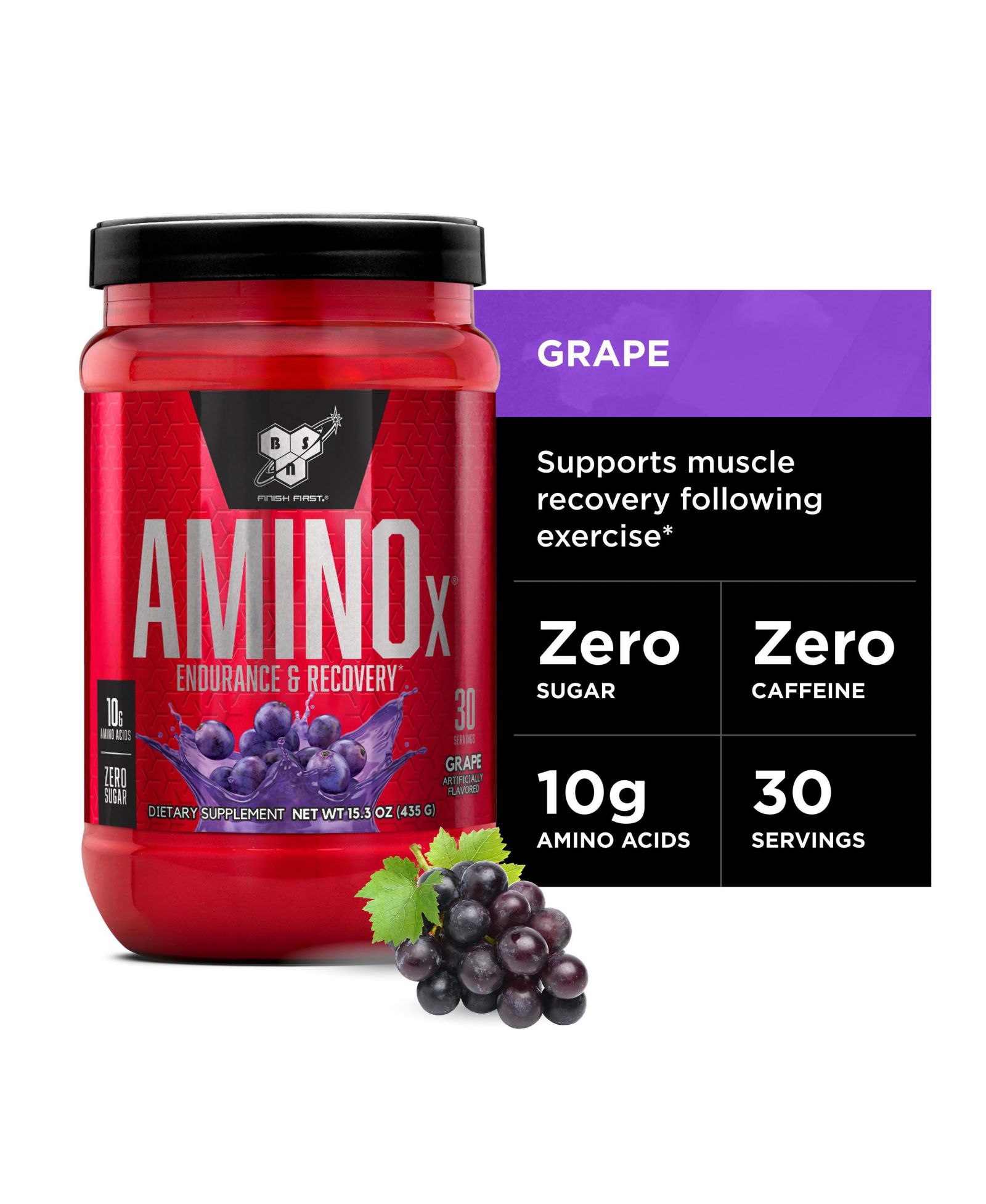Порошок BSN Amino X для восстановления мышц и выносливости с BCAAs, 10 g аминокислот, без кофеина, вкус винограда, 30 порций