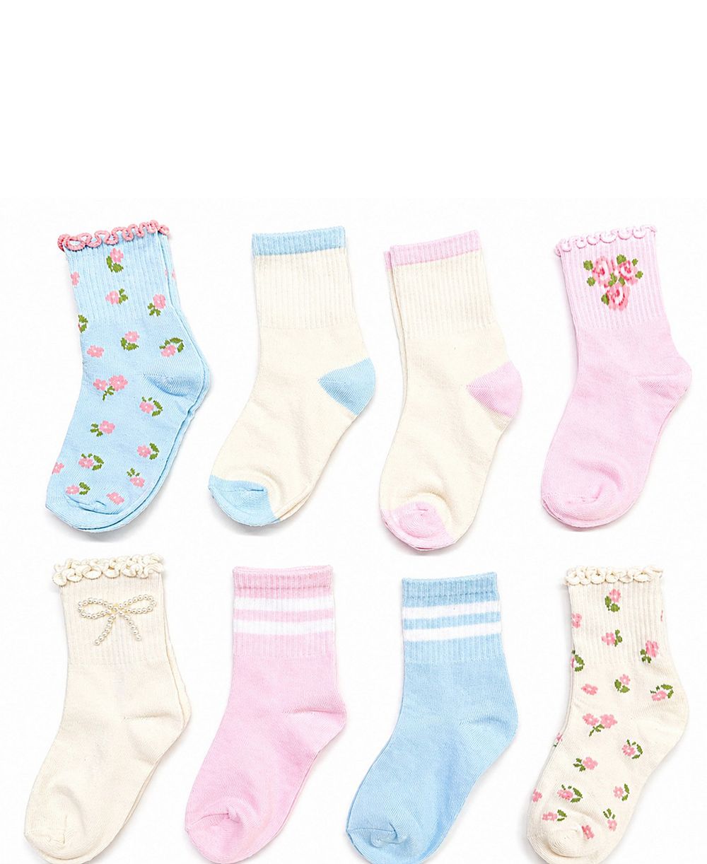 Rainbow Sugar Girls' 4-8.5 Mid Crew Socks, 8-Pack