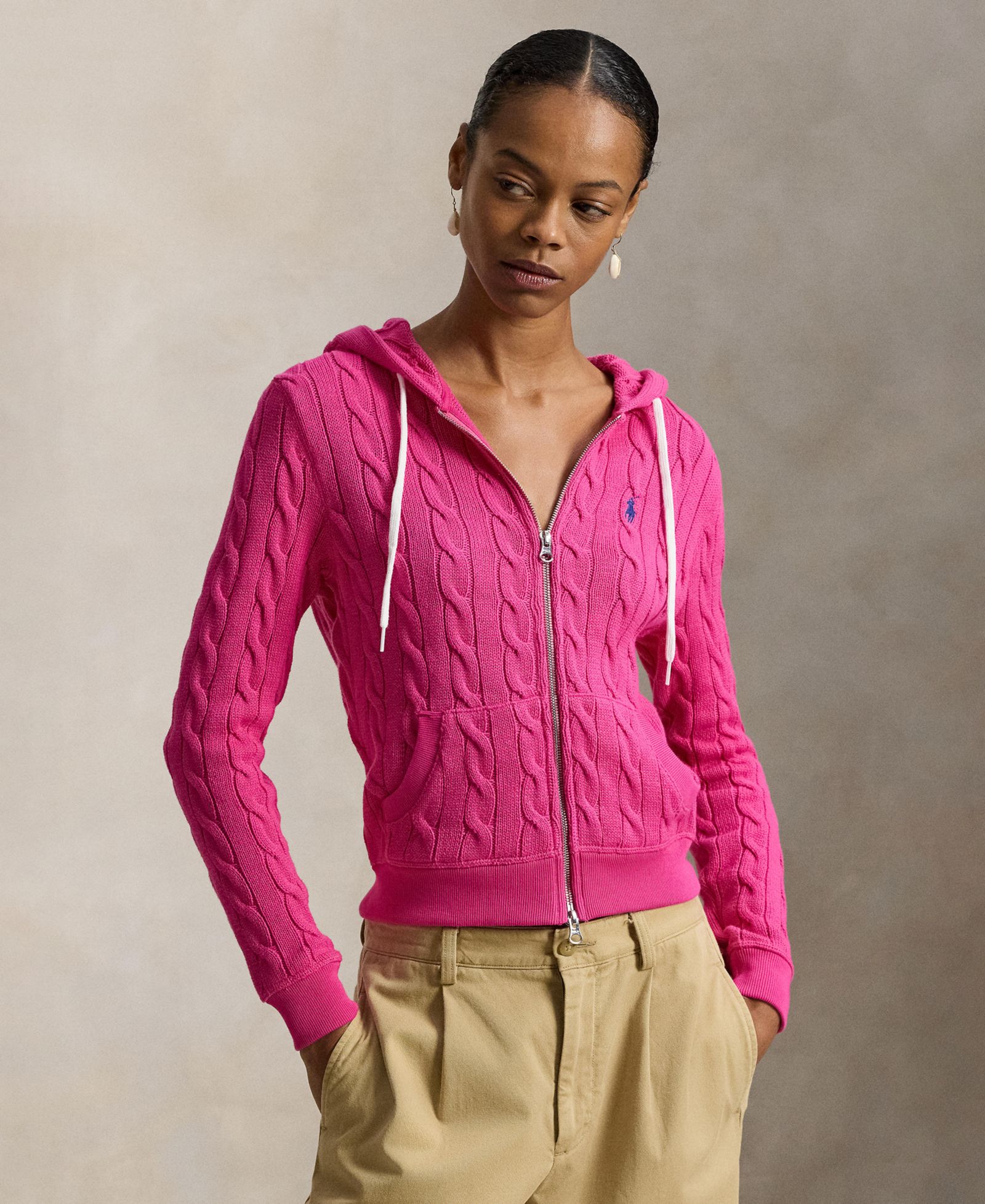 Polo Ralph Lauren Women's Cable-Knit Cotton Full-Zip Hoodie Sweater