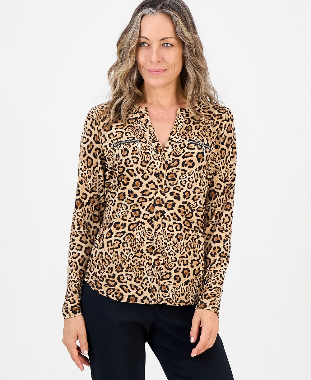 JM Collection Petite Long-Sleeve V-Neck Leopard-Print Blouse, Macy's Exclusive