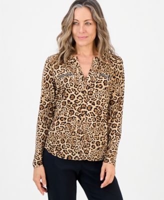 JM Collection Petite Long-Sleeve V-Neck Leopard-Print Blouse, Macy's Exclusive