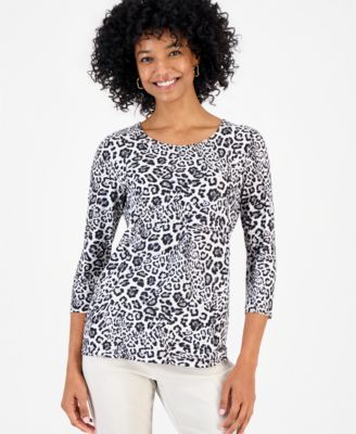 JM Collection Petite Leopard-Print 3/4-Sleeve Scoop-Neck T-Shirt, Macy's Exclusive