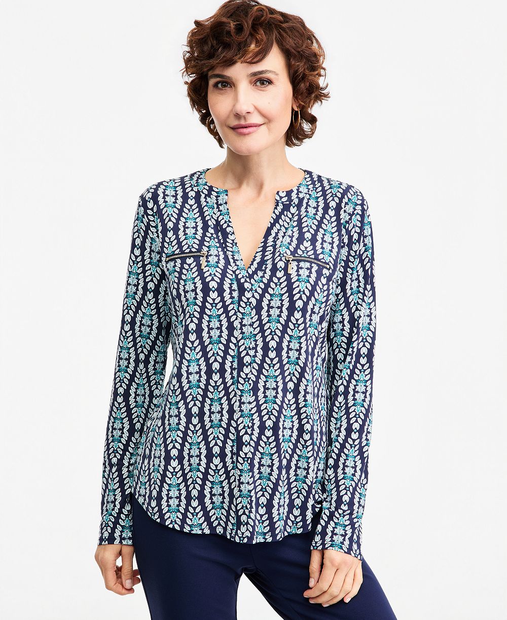JM Collection Women's Printed V-Neck Zipper-Pocket Knit, Macy's Exclusive