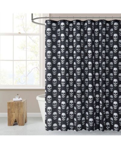 Kate Aurora Halloween Accents Black and White Spooky Skulls Fabric Shower Curtain
