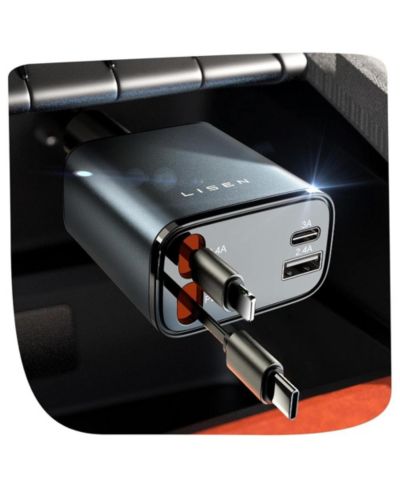 LISEN выдвижной автомобильный зарядный адаптер 4-в-1, 69W USB-C для iPhone, Samsung