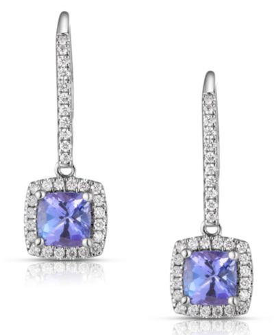 Серьги-подвески с танзанитом и бриллиантом в белом золоте 14k