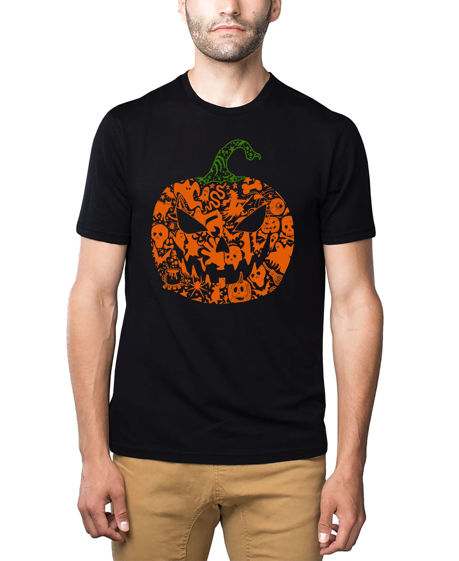 LA Pop Art Men's Halloween Pumpkin Word Art Cotton and Polyester Blend T-Shirt
