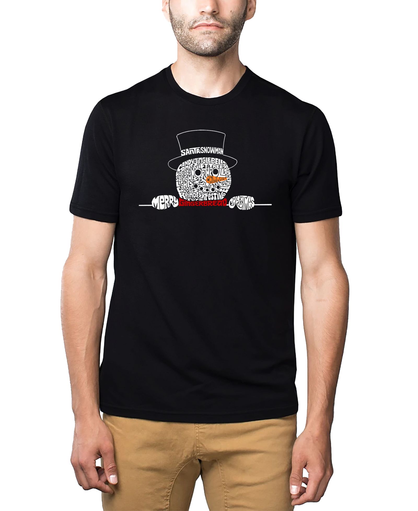 LA Pop Art Men's Peeking Snowman Christmas Word Art Cotton and Polyester Blend T-Shirt