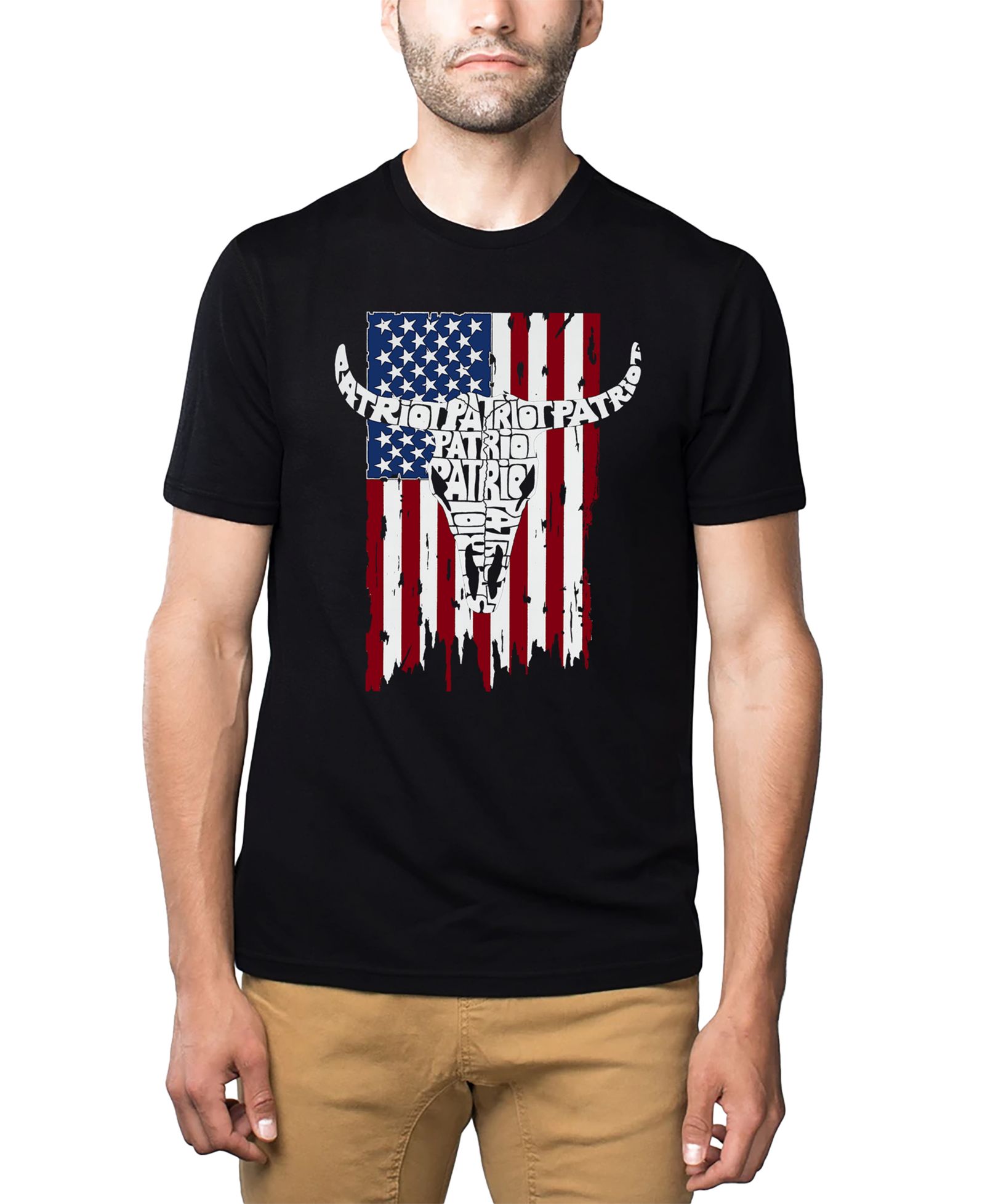 LA Pop Art Men's Patriot Cow Skull American Flag Word Art Cotton and Polyester Blend T-Shirt