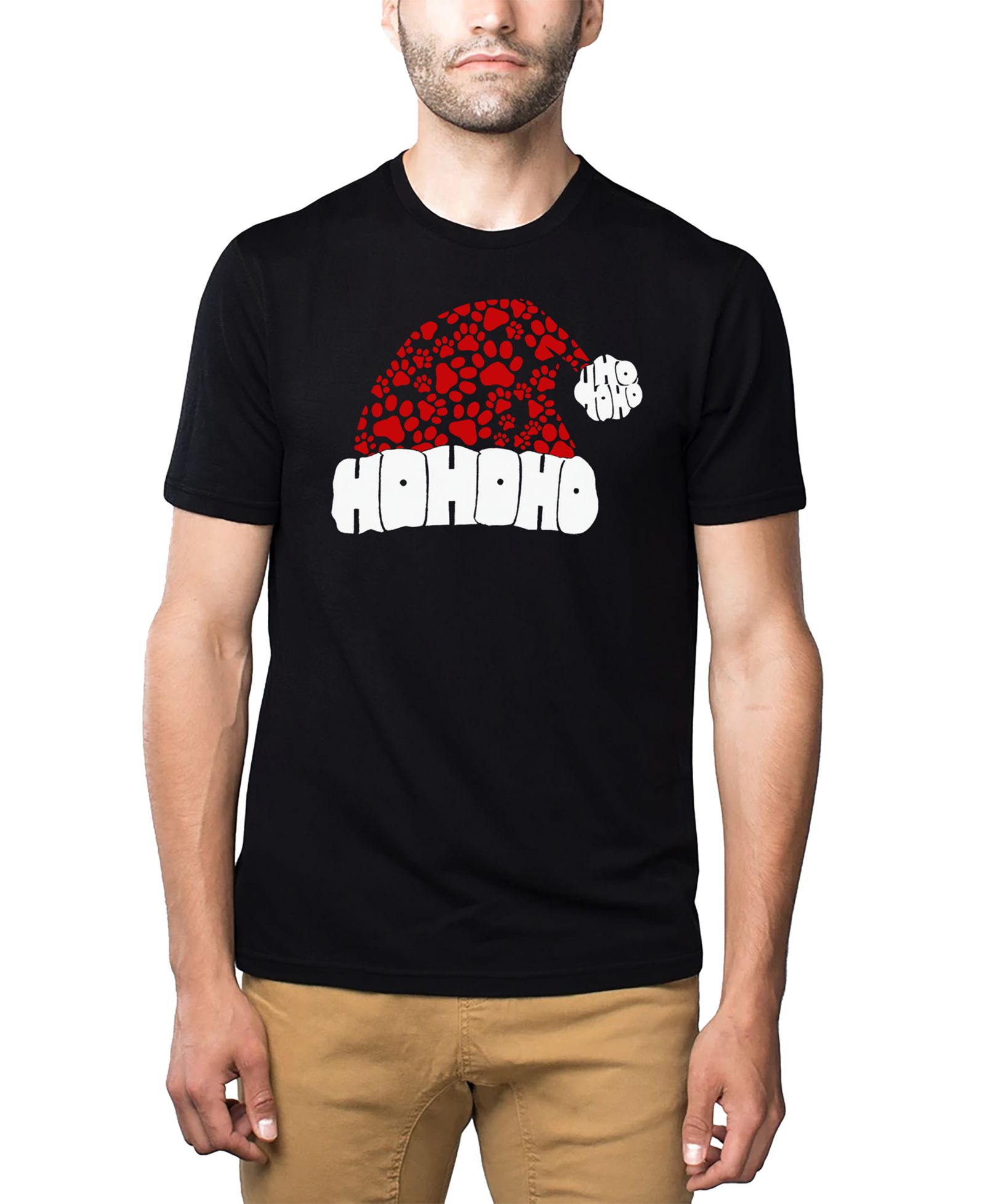LA Pop Art Men's Santa Hat Paw Print Word Art Cotton and Polyester Blend T-Shirt