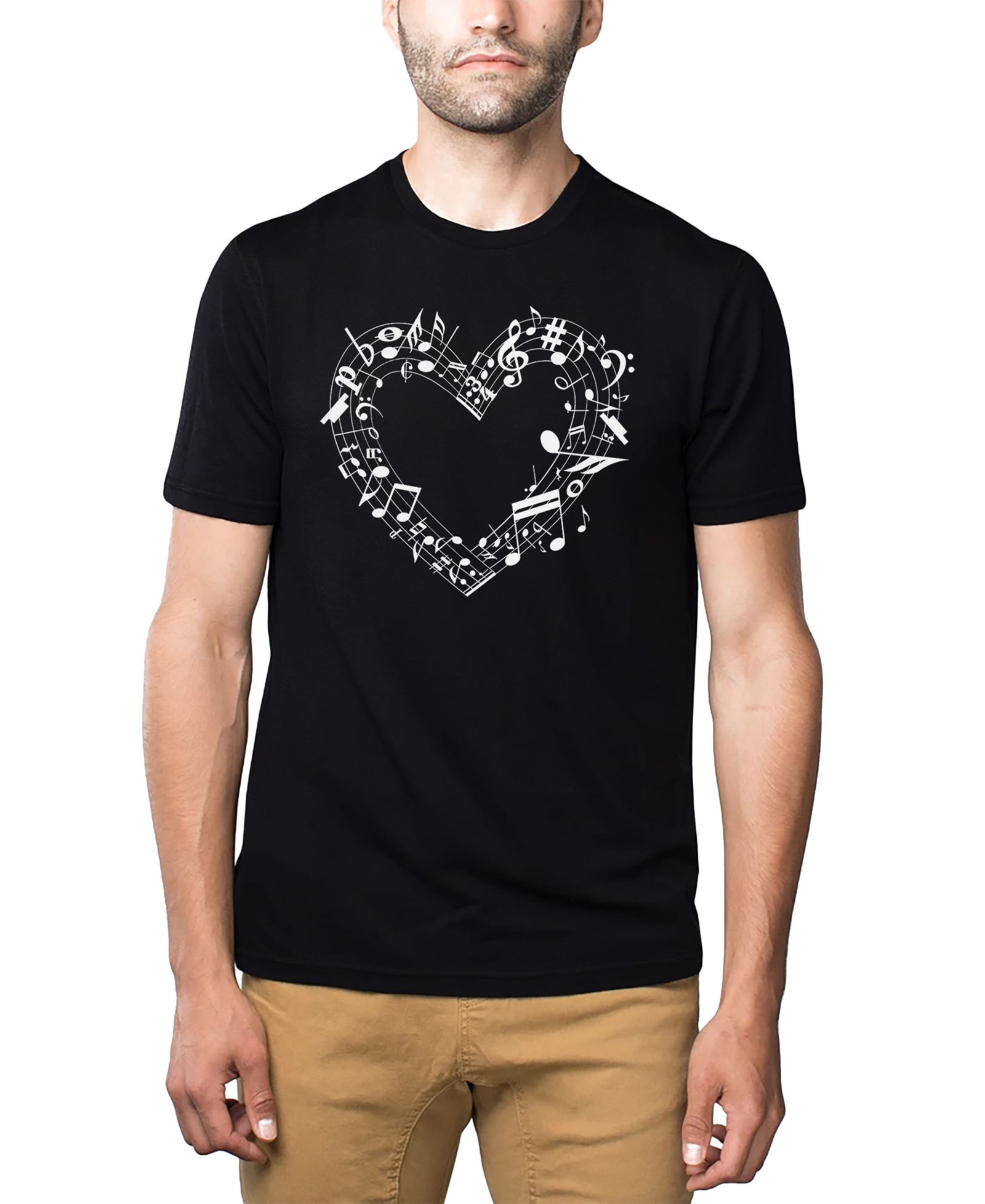 LA Pop Art Men's Music Notes Heart Word Art Cotton and Polyester Blend T-Shirt