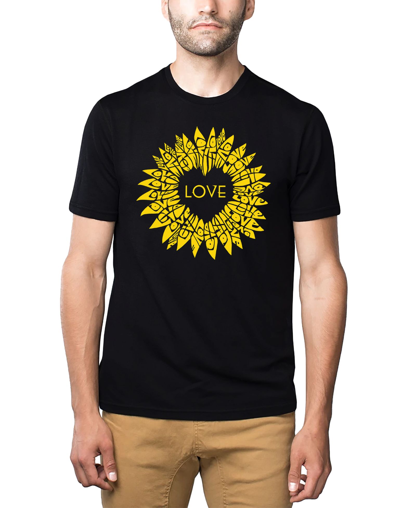 LA Pop Art Men's Love Sunflower Word Art Cotton and Polyester Blend T-Shirt