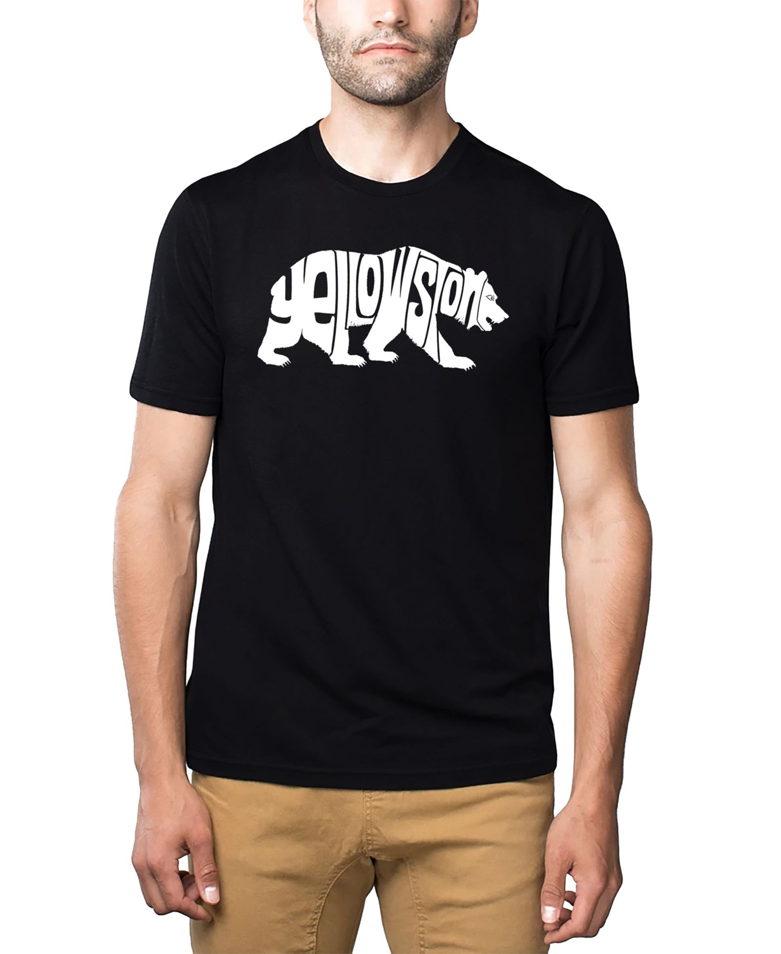 LA Pop Art Men's Yellowstone Bear Word Art Cotton and Polyester Blend T-Shirt