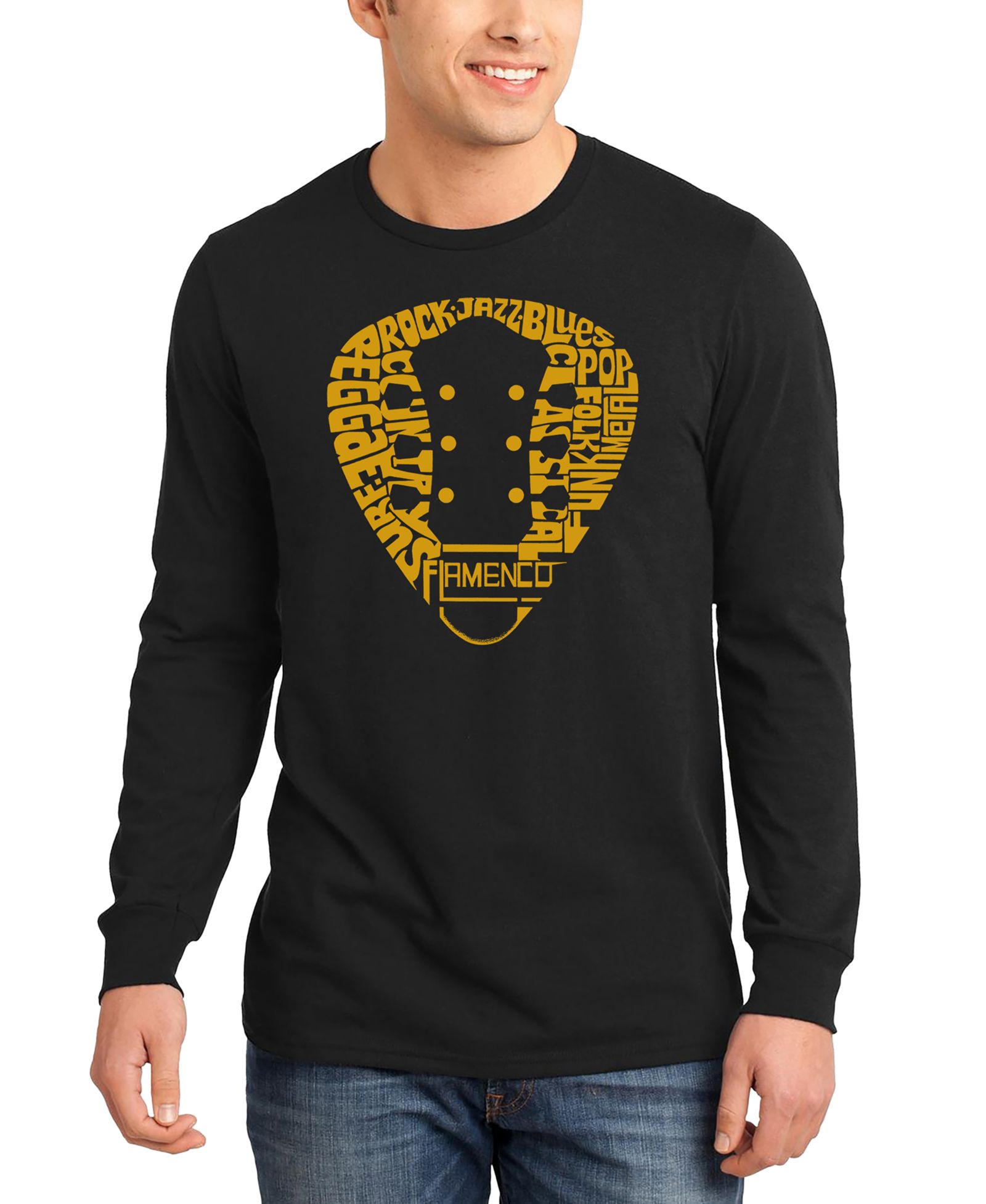 LA Pop Art Men's Music Genres Guitar Neck Word Art Long-Sleeve T-Shirt
