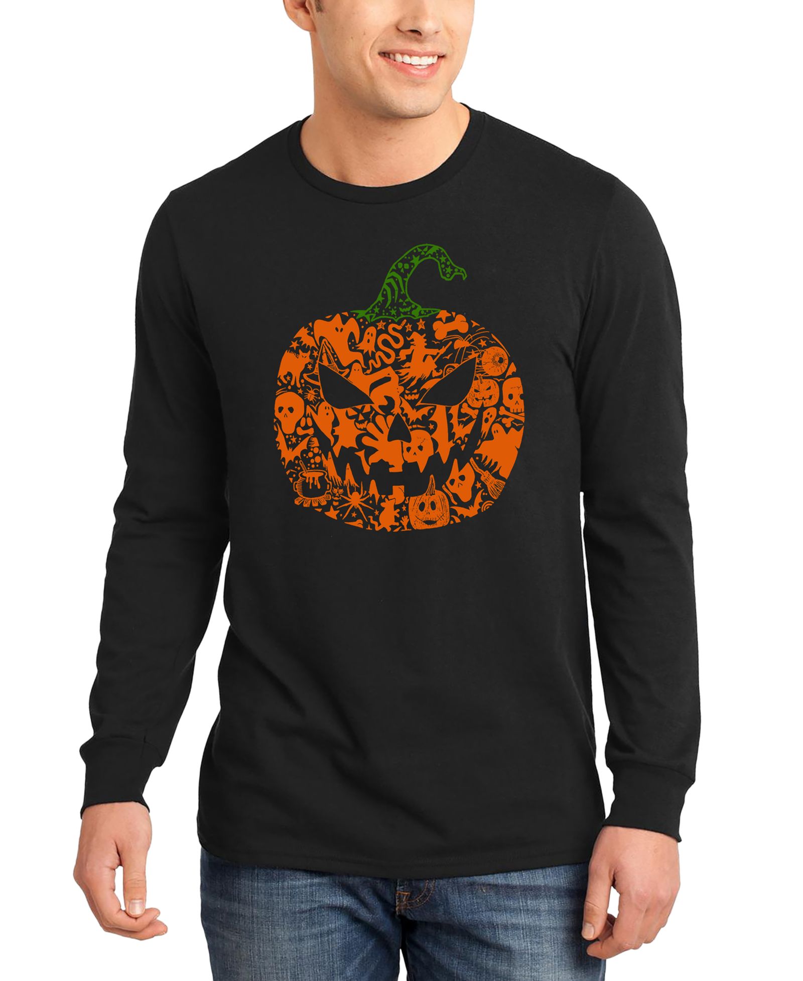 LA Pop Art Men's Halloween Pumpkin Word Art Long-Sleeve T-Shirt