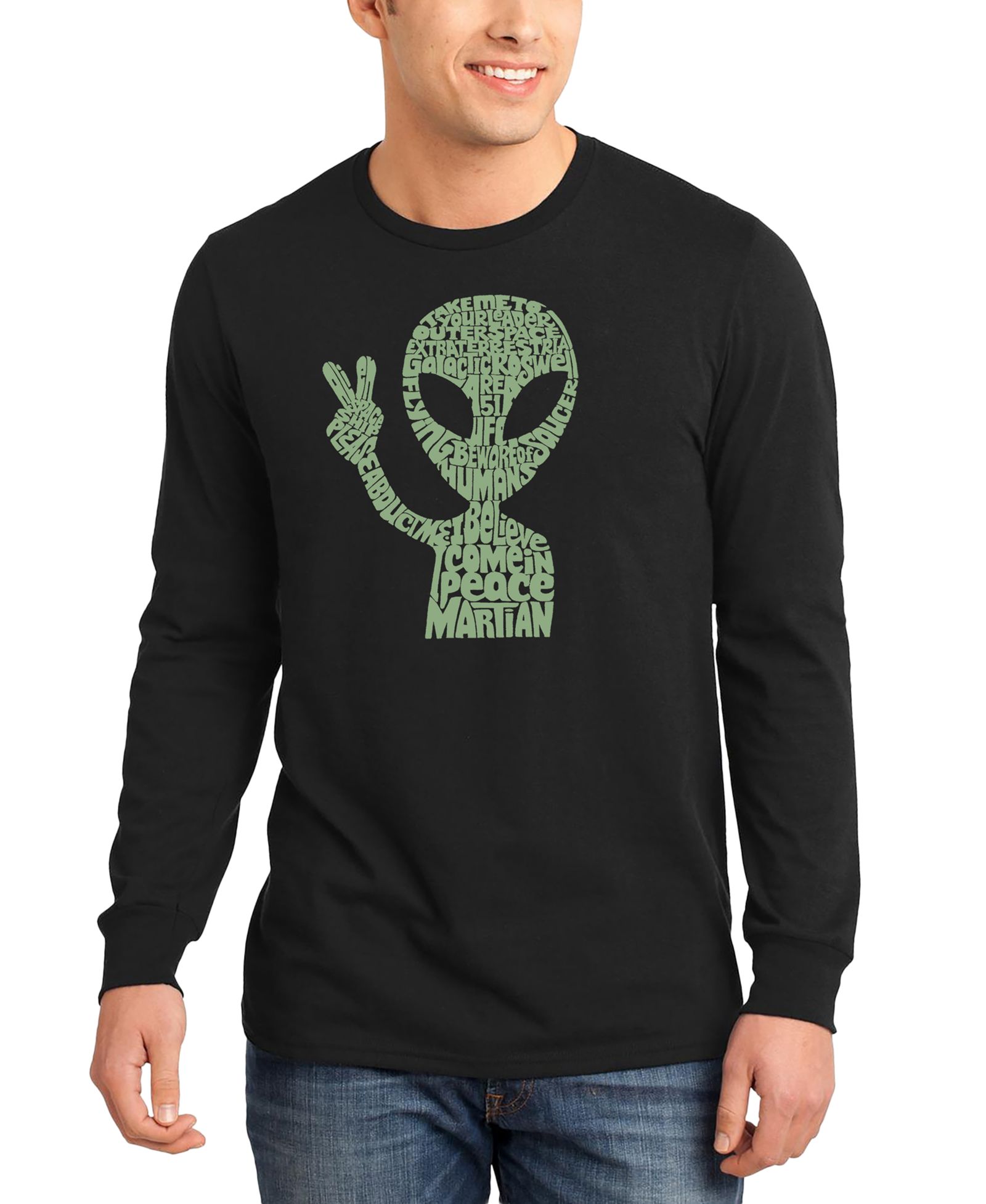 LA Pop Art Men's Peace Alien Word Art Long-Sleeve T-Shirt
