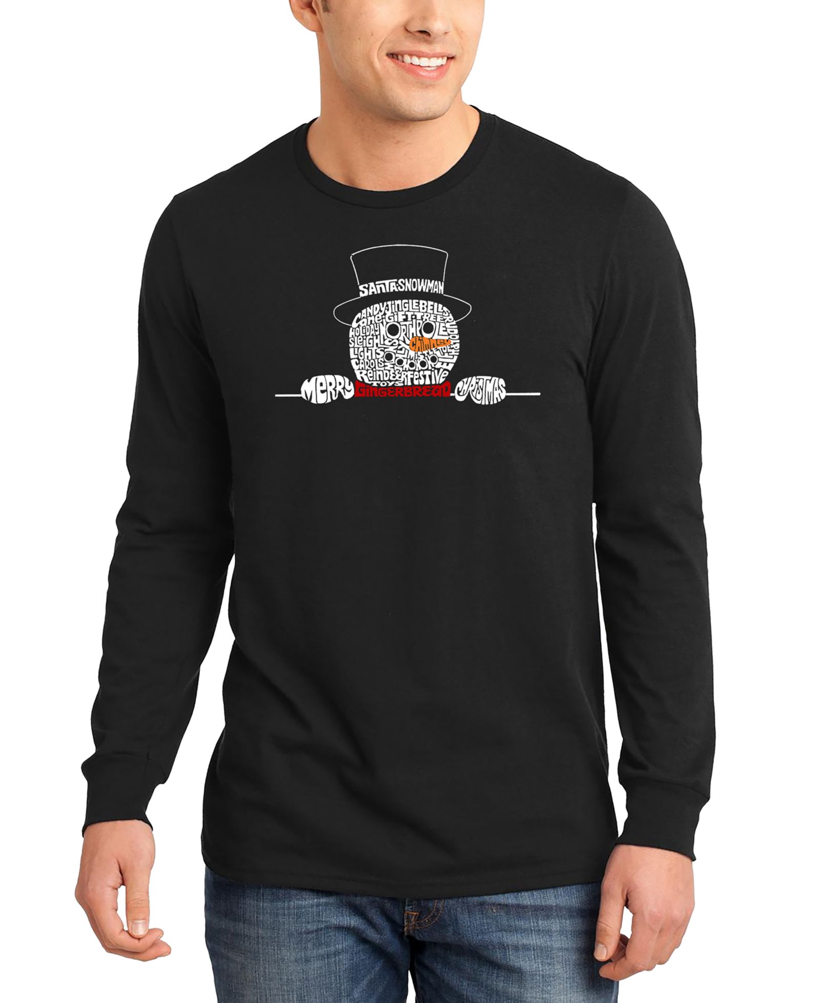 LA Pop Art Men's Peeking Snowman Word Art Long-Sleeve T-Shirt