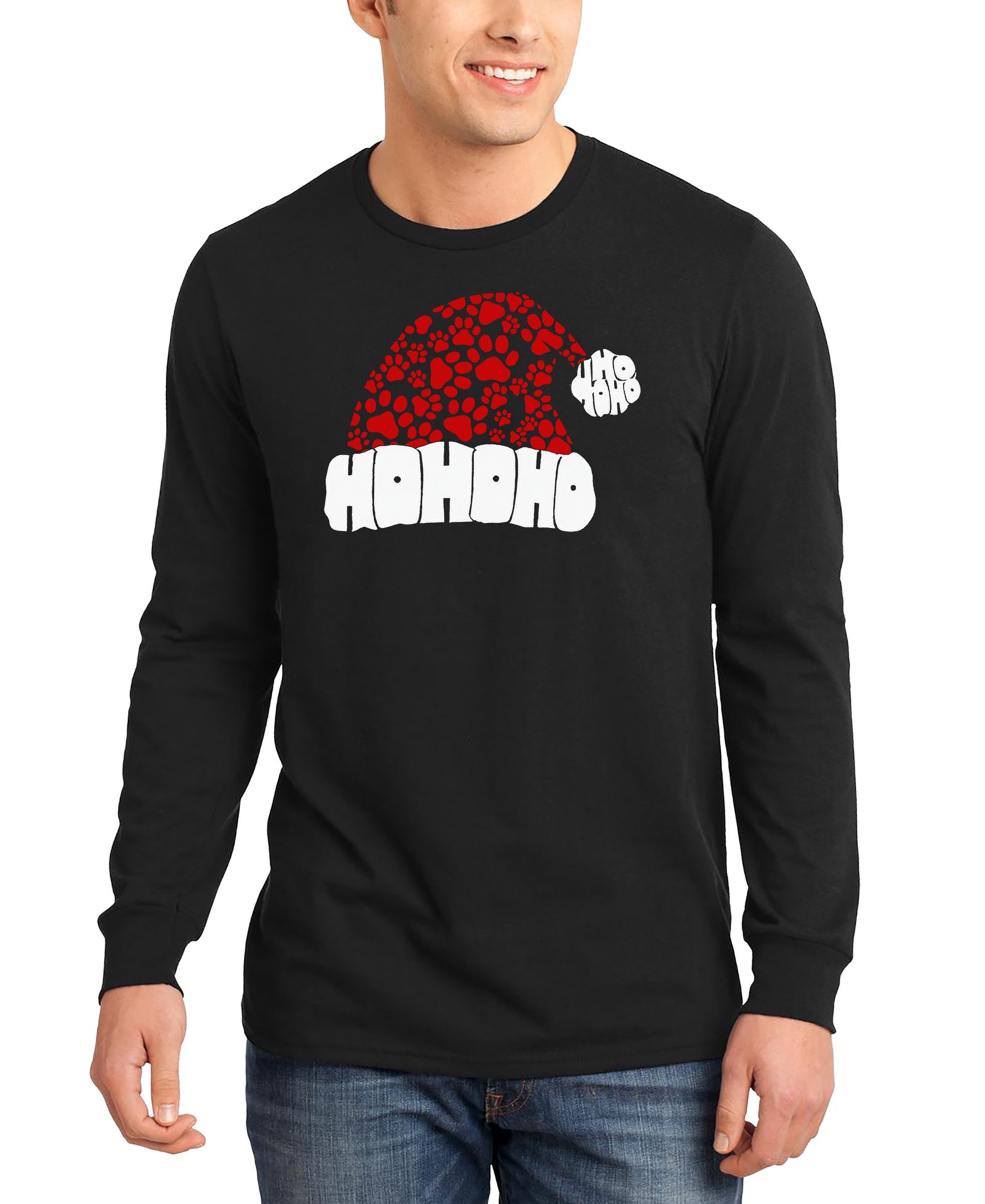 LA Pop Art Men's Santa Hat Paw Print Word Art Long-Sleeve T-Shirt