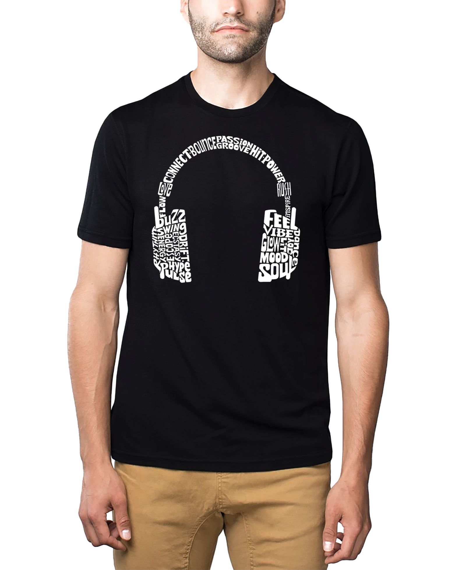 LA Pop Art Men's Headphones Word Art Cotton and Polyester Blend T-Shirt