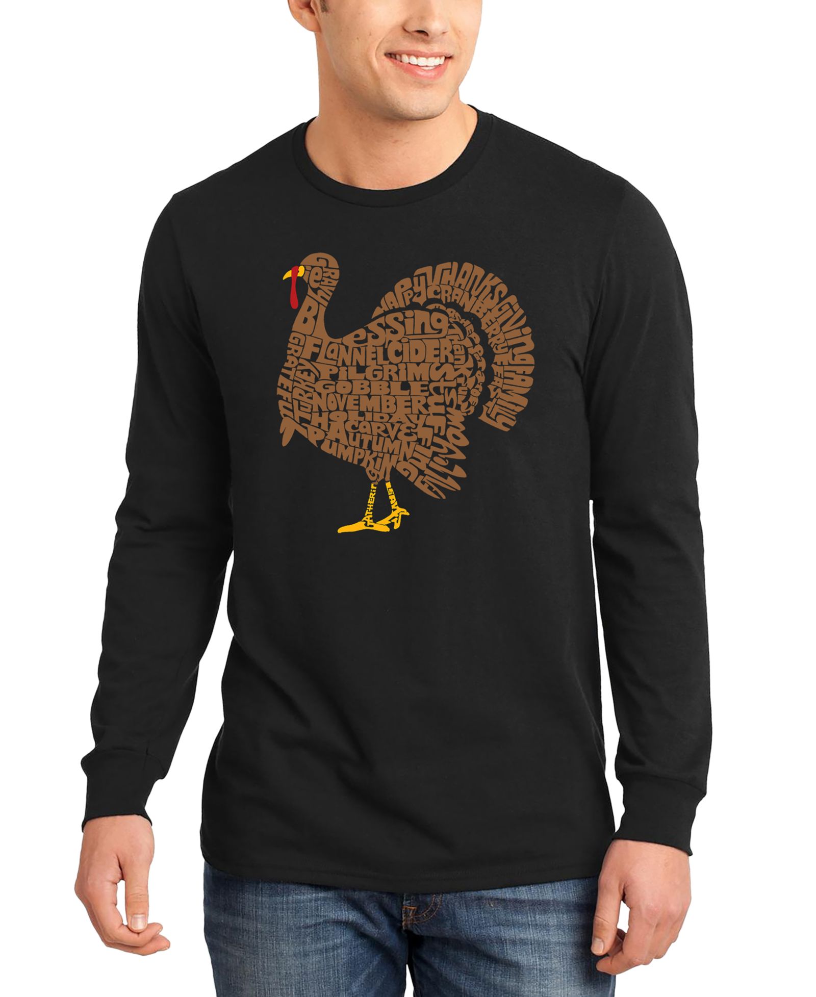 LA Pop Art Men's Thanksgiving Turkey Word Art Long-Sleeve T-Shirt