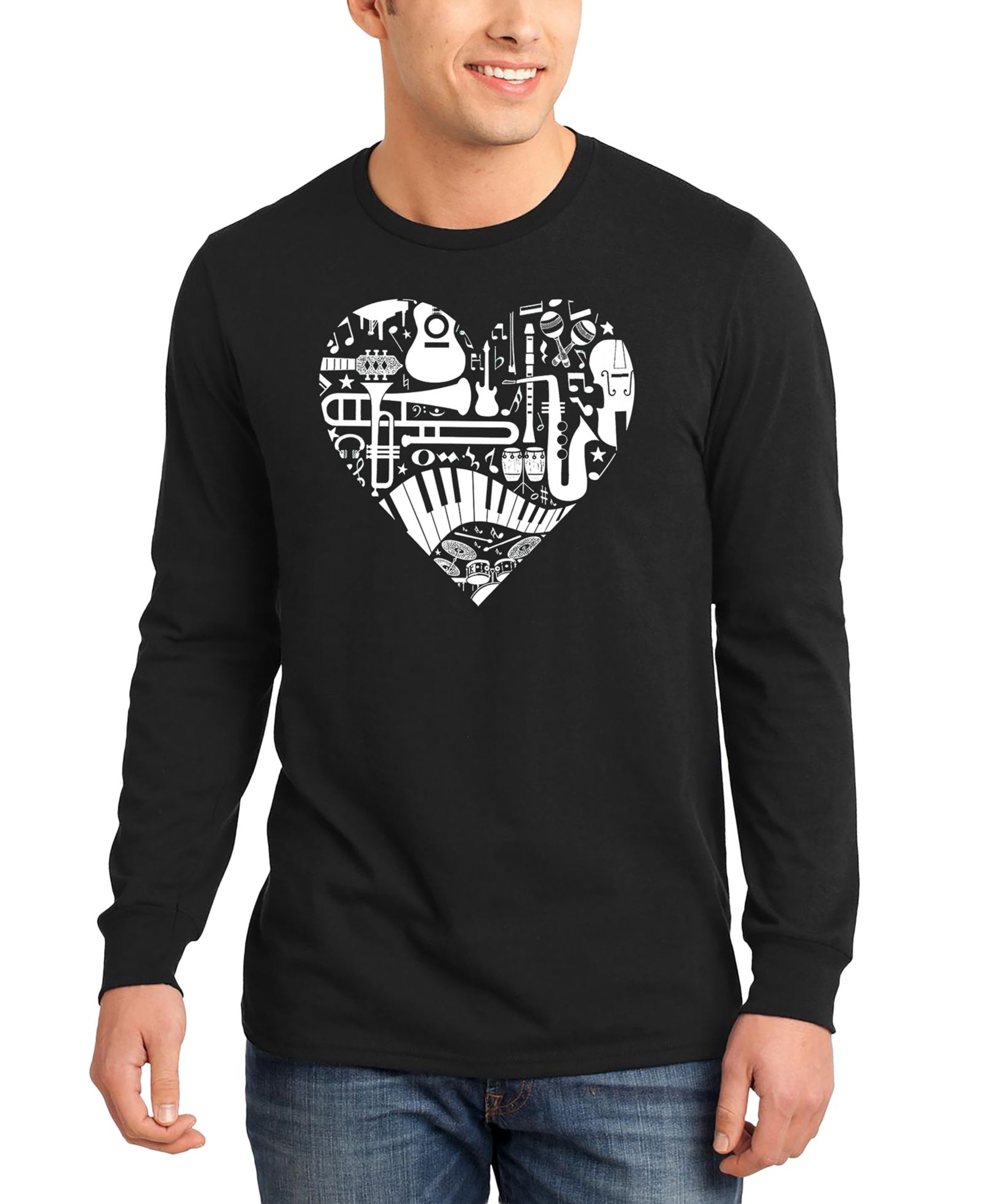 LA Pop Art Men's Music Instruments Heart Word Art Long-Sleeve T-Shirt