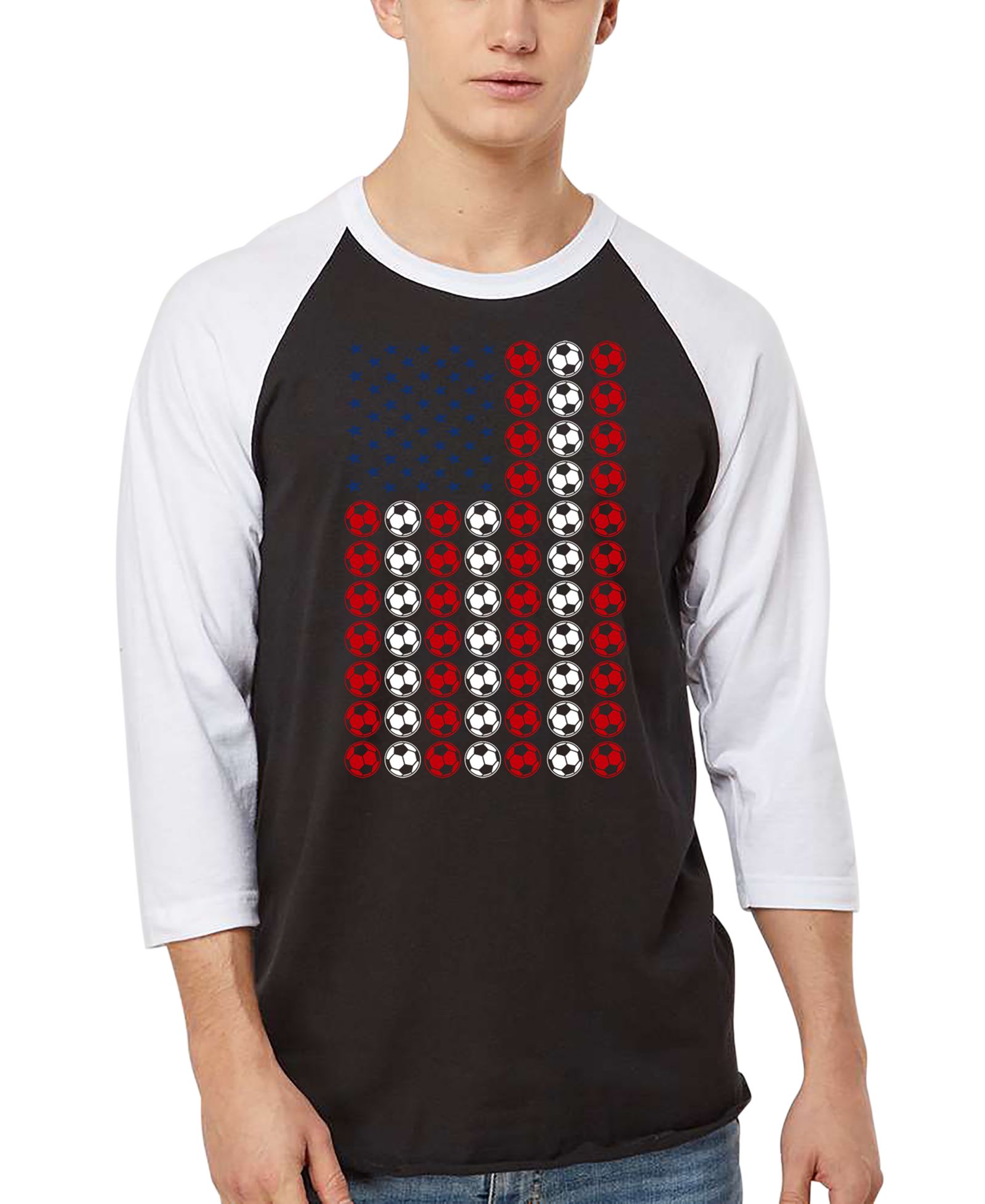LA Pop Art Мужская футболка Raglan-Sleeve с принтом American Flag Soccer Balls