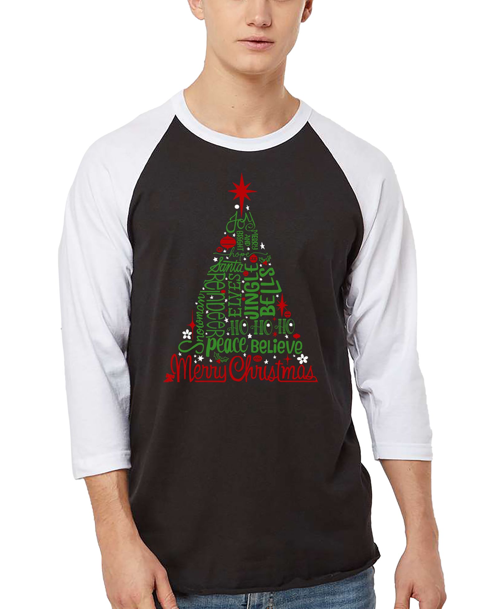 LA Pop Art Men's Holiday Christmas Tree Word Art Raglan-Sleeve T-Shirt