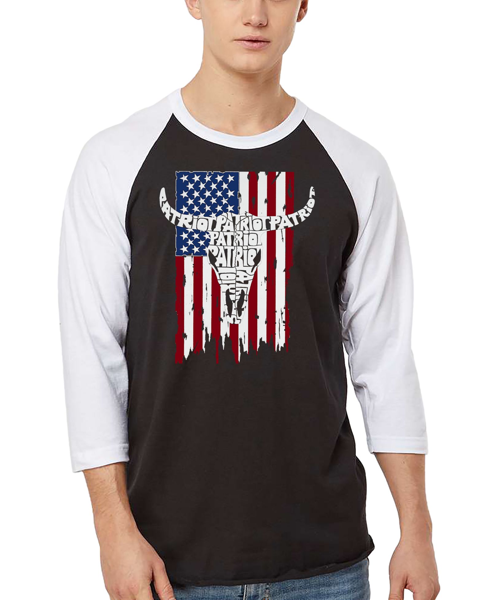 LA Pop Art Men's Patriot Cow Skull Word Art Raglan-Sleeve T-Shirt