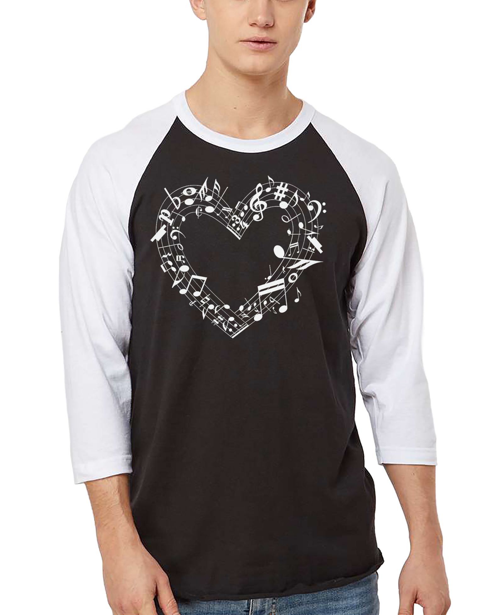 LA Pop Art Men's Music Notes Heart Word Art Raglan-Sleeve T-Shirt
