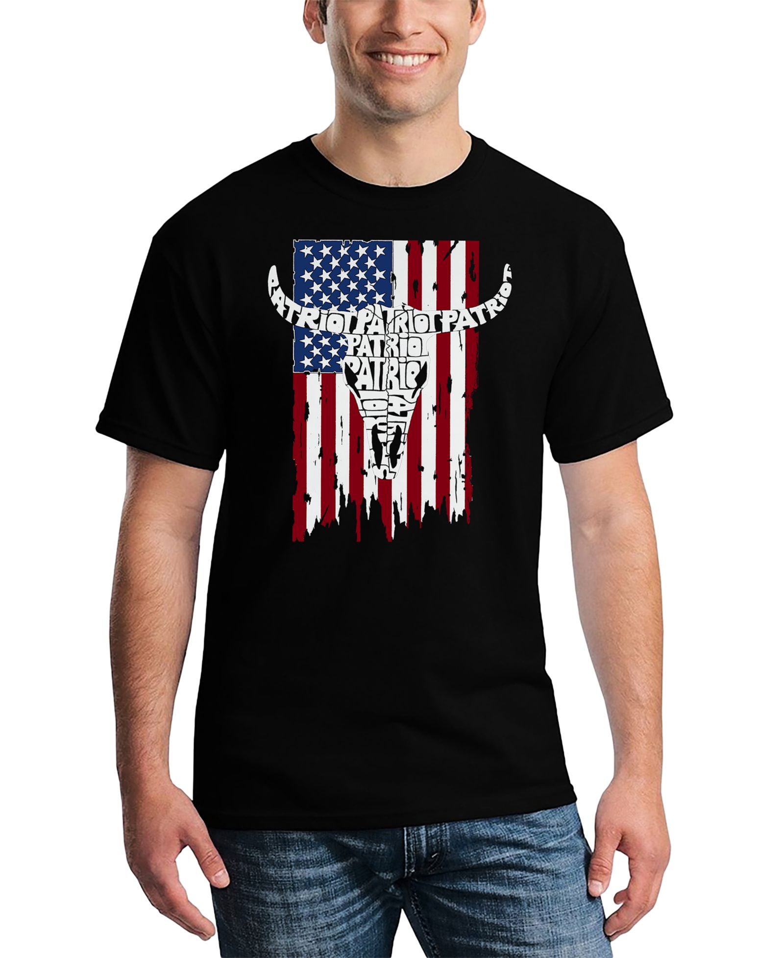 LA Pop Art Men's Patriot Cow Skull Word Art T-Shirt