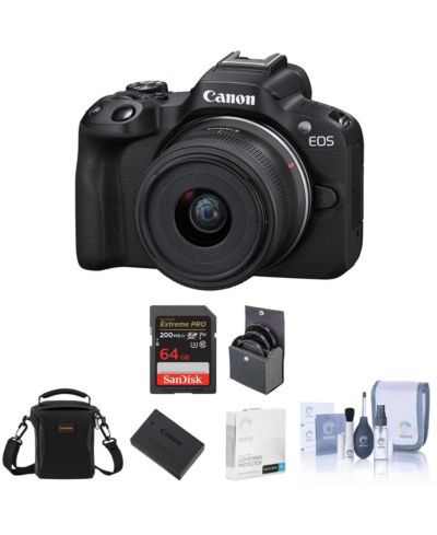 Зеркальная камера Canon EOS R50, объектив RF-S 18-45mm f/4.5-6.3 IS STM, дополнительный аккумулятор, SD-карта 64GB, сумка, защитное стекло, 49mm