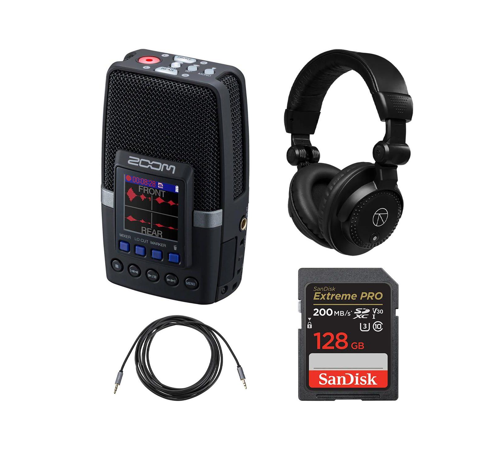 Zoom портативный рекордер Zoom H2essential Multi-Mic 32-Bit Float с закрытыми студийными наушниками и картой памяти Extreme PRO 128GB UHS-I U3 SDXC
