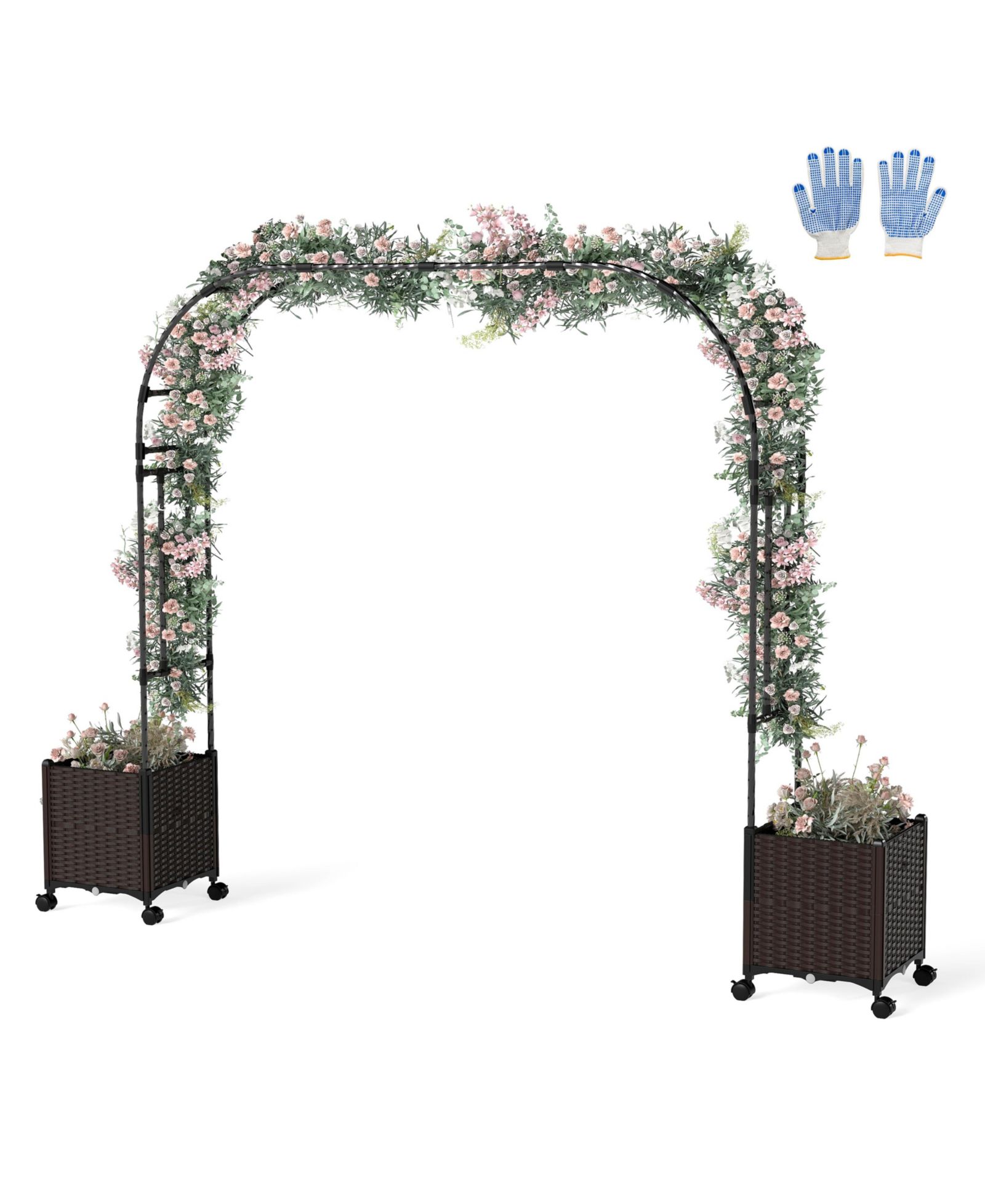 GOUUN 6.6 feet Garden Arch Trellis with Planter Boxes and Lockable Wheels