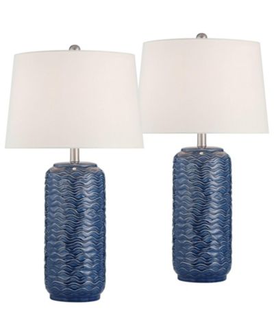 360 Lighting Waves  Tall Modern Coastal 3-Way Table Lamps Set of 2 Blue Ceramic White Shade Living Room Bedroom Bedside