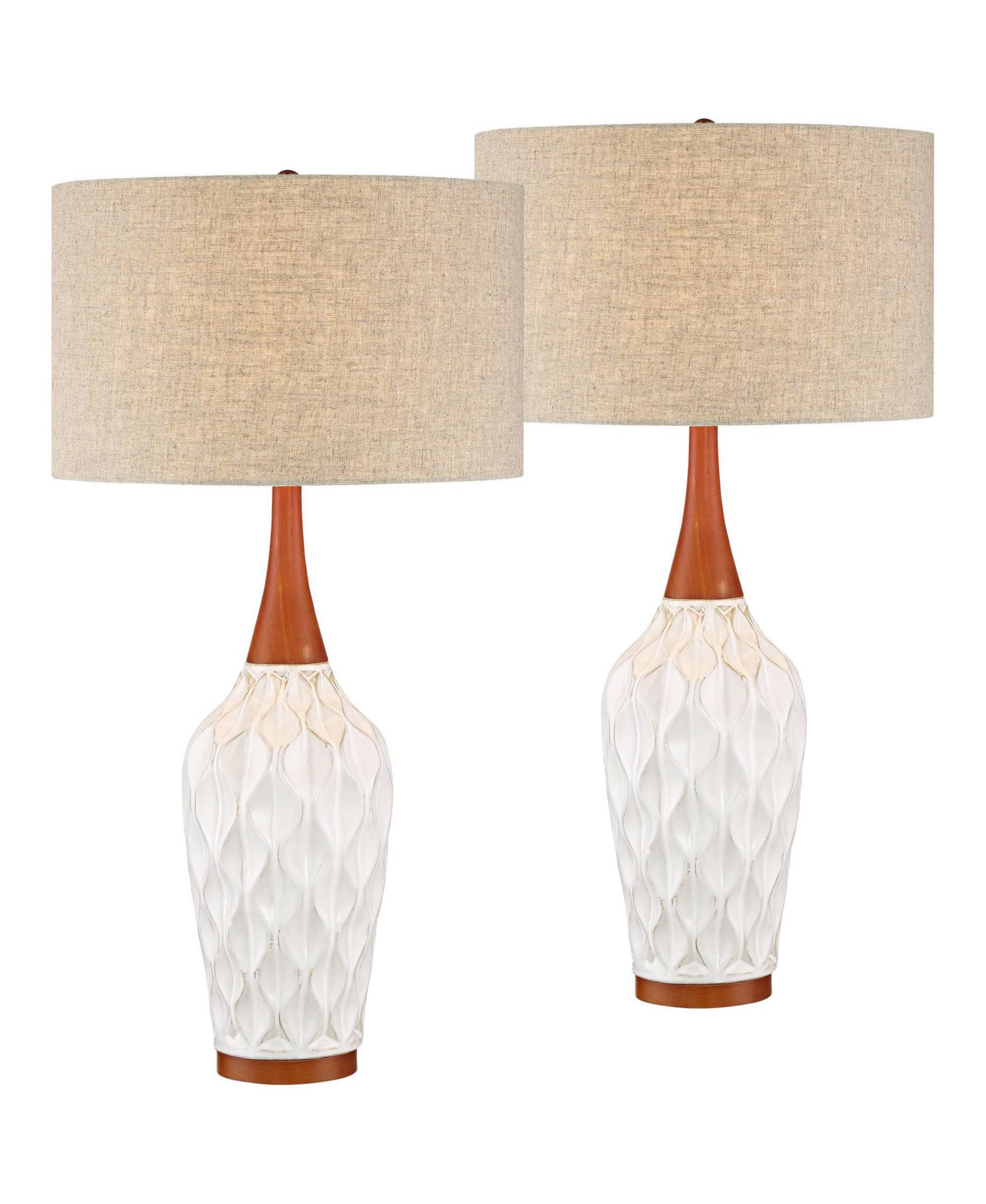 360 Lighting Rocco Modern Mid Century Table Lamps  Tall Set of 2 White Ceramic Tan Fabric Drum Shade for Bedroom Living Room Bedside Nightstand