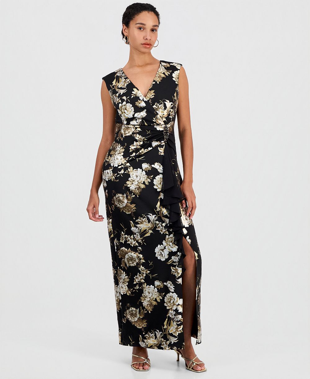 Connected Women's Floral-Print Ruffle V-Neck Dress