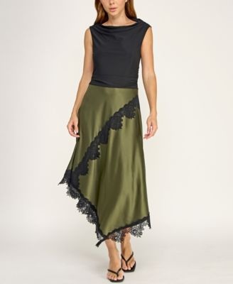 ROW A Juniors' Cowl Neck Assymetric Lace Trim Satin Skirt Midi Dress