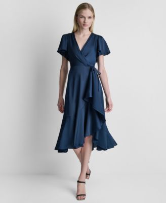 DKNY Women's Side Tie Faux Wrap Midi Dress