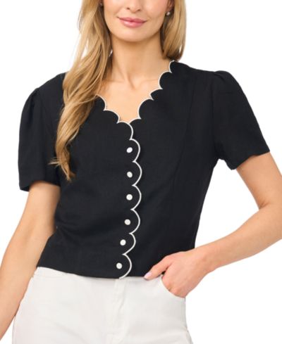 Женский топ CeCe Linen-Blend Short-Sleeve V-Neck Scallop Edge