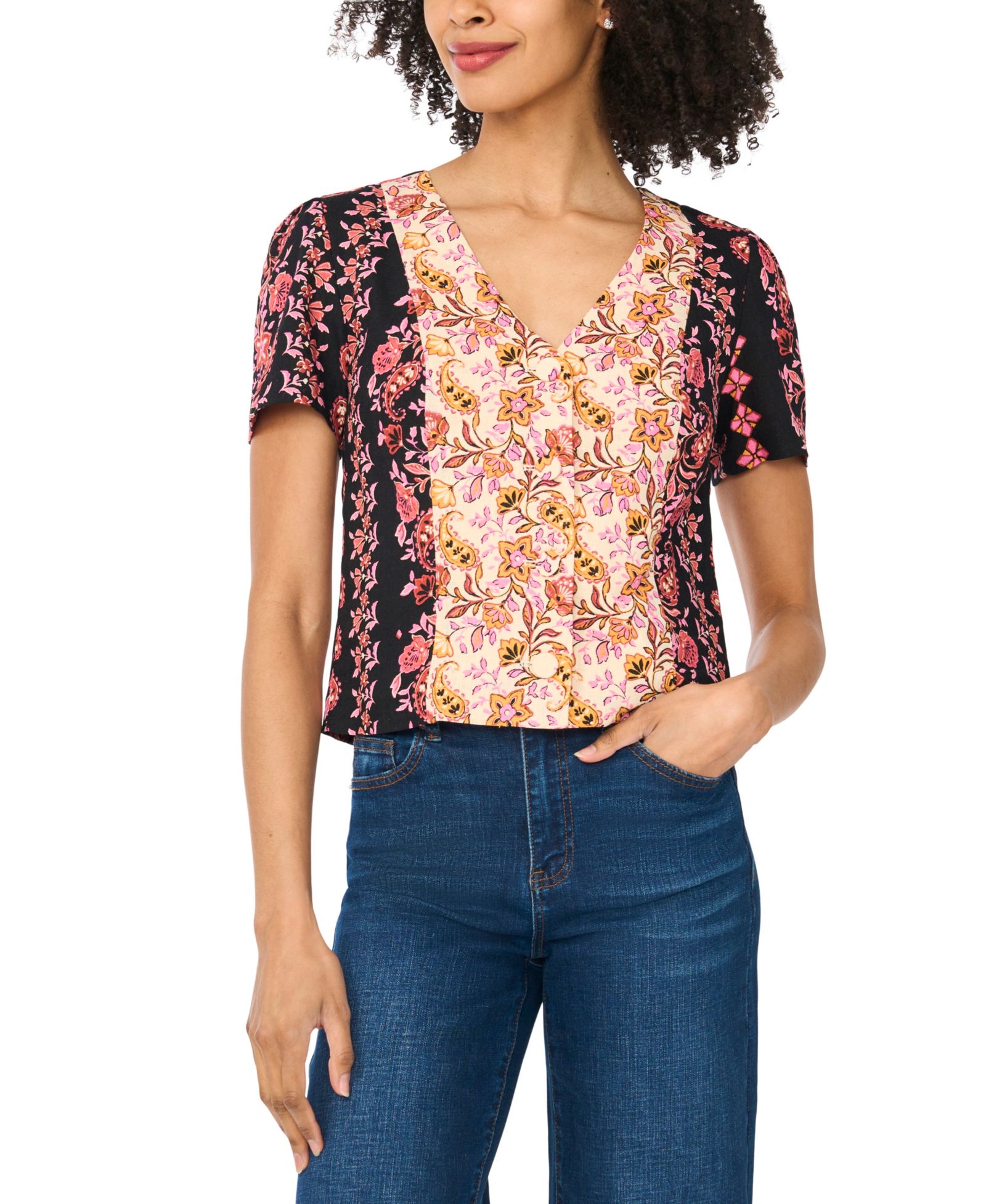 Топ CeCe Women's V-Neck Short-Sleeve Printed