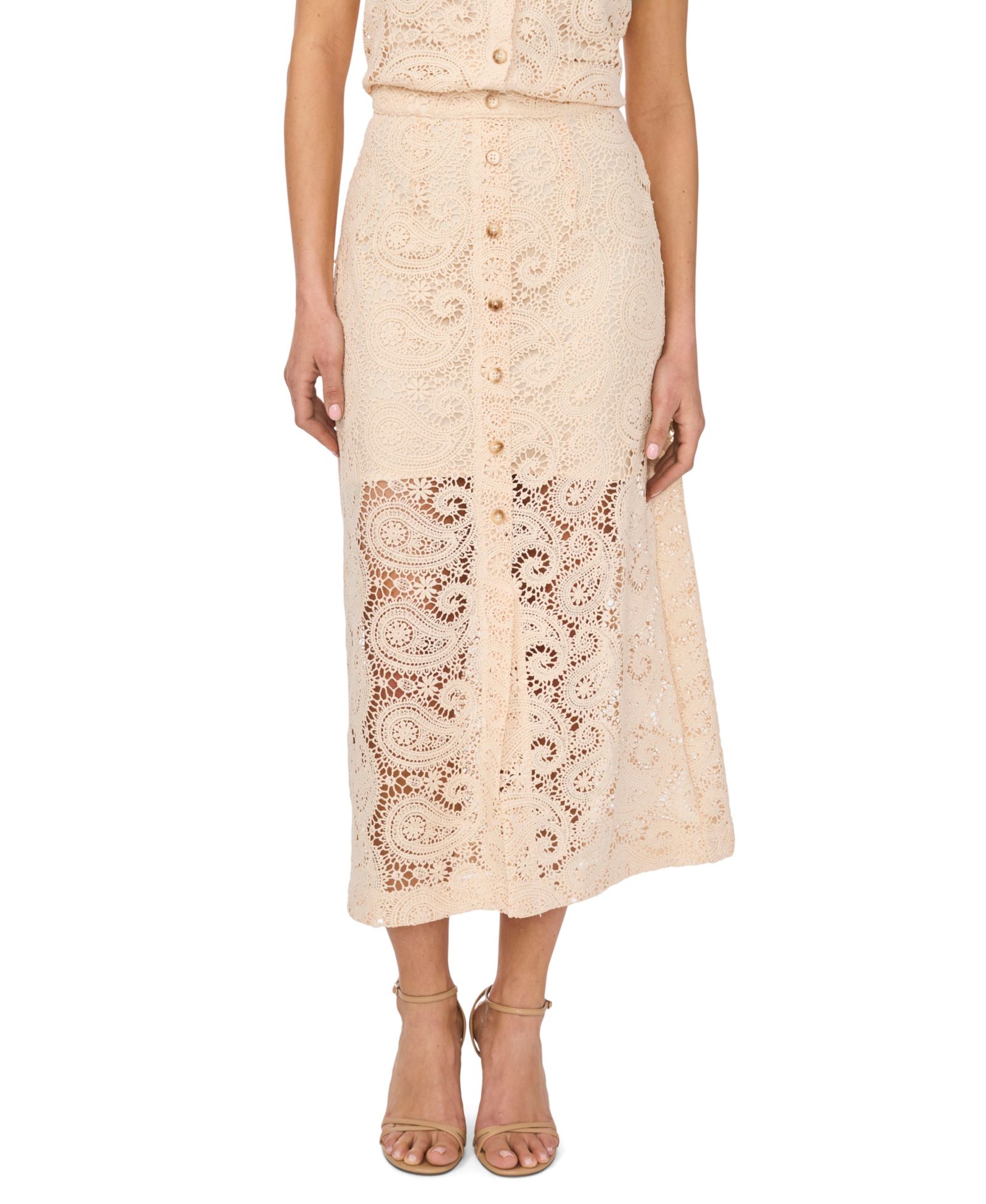CeCe Women's Front Button Paisley Lace Midi Skirt