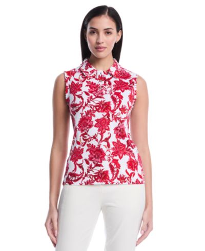 Rafaella Petite Botanical Print Ruffle Trim Sleeveless Polo Shirt