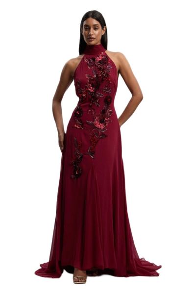 Karen Millen Women's Feather Embellished Halter Maxi Dress