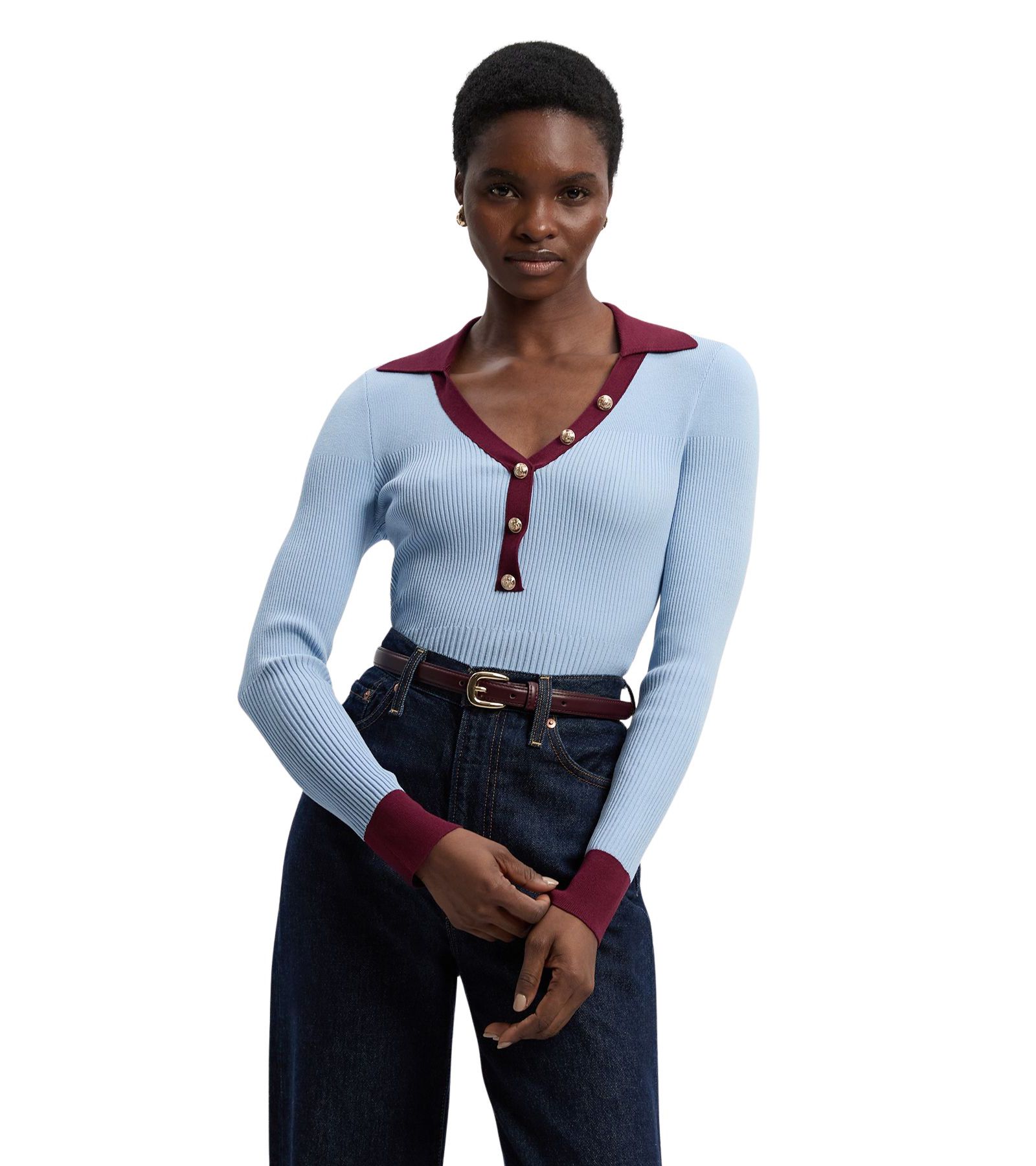 Karen Millen Women's Rib Knit Contrast Hem Collared Top