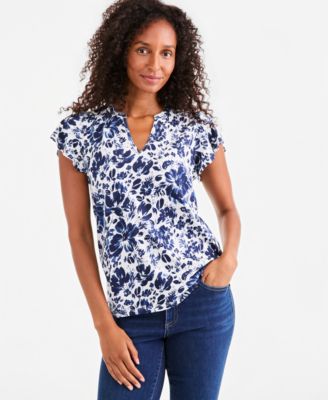 Style & Co Petite Flutter-Sleeve Floral V-Neck Blouse, Macy's Exclusive
